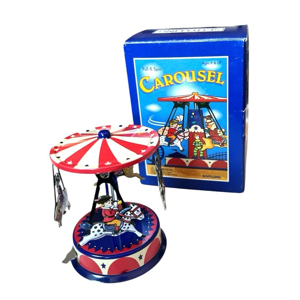 Vintage 1999 Schylling Pull & Spin Classic Tin Carousel Toy Dog Pig Rabbit Horse